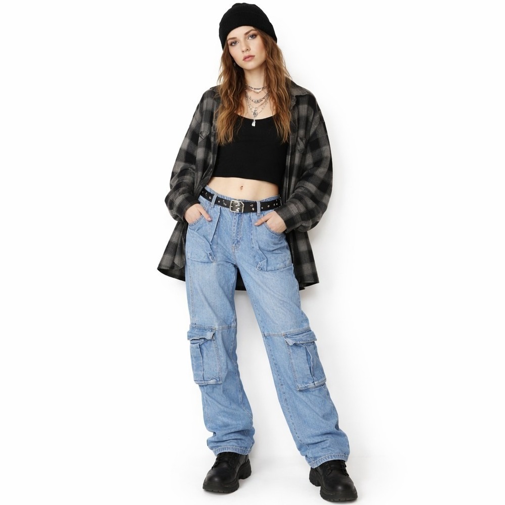 FOREVER 21 Wide-Leg Cargo Jean Sz 26 Grunge Baggy 90s Y2K Skater Utility Pocket